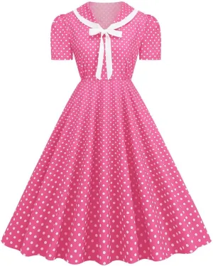 Women Notch Lapel 50s 60s Vintage Short Sleeve V-Neck Cocktail Swing Dress Polka Dot 1950s Rockabilly Prom Party Midi Dress
