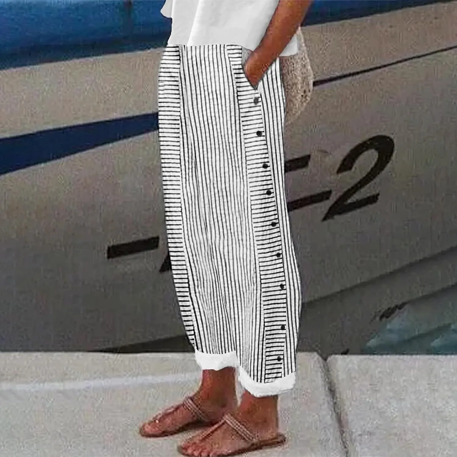 Women Oversized Striped Cropped Pants Office Work Business Trendy High Waisted Trouser Sport Jogger Casual Sweatpants