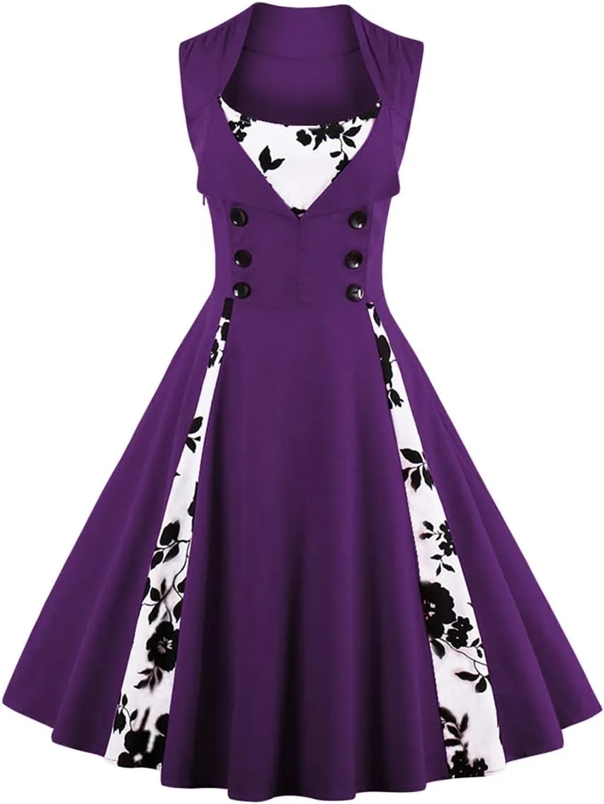 Women Polka Dot Retro Vintage Style Cocktail Party Swing Dress Double Breasted Floral 1950s Dress Patchwork 50s Audrey Dress