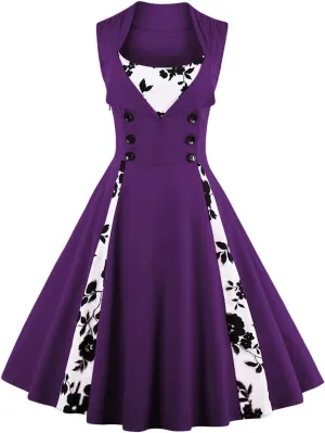 Women Polka Dot Retro Vintage Style Cocktail Party Swing Dress Double Breasted Floral 1950s Dress Patchwork 50s Audrey Dress