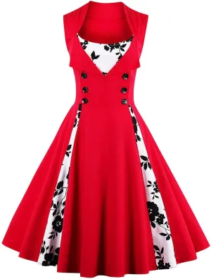 Women Polka Dot Retro Vintage Style Cocktail Party Swing Dress Double Breasted Floral 1950s Dress Patchwork 50s Audrey Dress