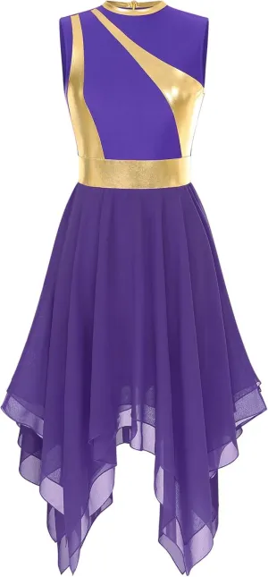 Women Praise Dance Dress Tunic Color Block Irregular Hem Dress Worship Liturgical Lyrical Dance Costume