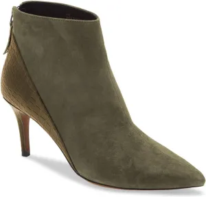 Women Retro Patchwork Stilettos Booties, Sexy Pointed Toe Med Heel Ankle Boots, Elegant Back Zipper Suede Short Boots, Crocodile Dark Brown Mid Calf Vintage Party Shoes for Ladies, Full Size 4-16 M US