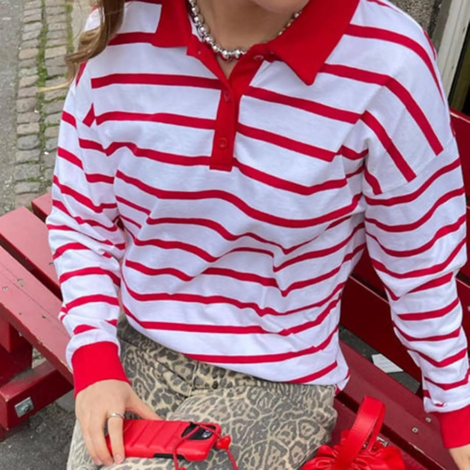 Women Rugby Polo Shirt Vintage Long Sleeve Oversized Striped Shirt Y2k Lapel Collar Pullover Crop Top 90s Streetwear