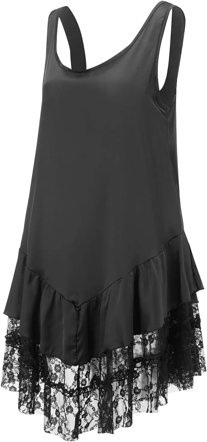 Women Sexy Lace Slip Dress Sleeveless U-Neck Lace Flowy Ruffle A Line Mini Cami Dress Cocktail Party Club Dresses