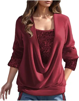 Women Sexy Sequin Shirts Boat Neck Solid Color Long Sleeve Flowy Shirts Winter Fashion Patchwork Pullover Tops