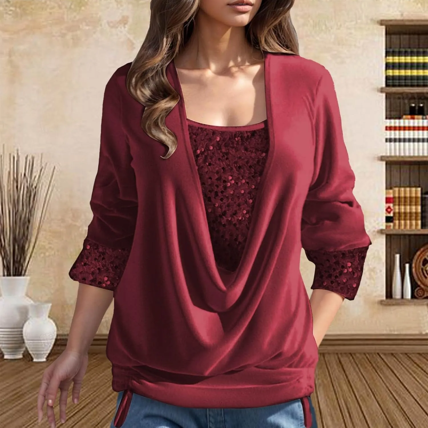 Women Sexy Sequin Shirts Boat Neck Solid Color Long Sleeve Flowy Shirts Winter Fashion Patchwork Pullover Tops