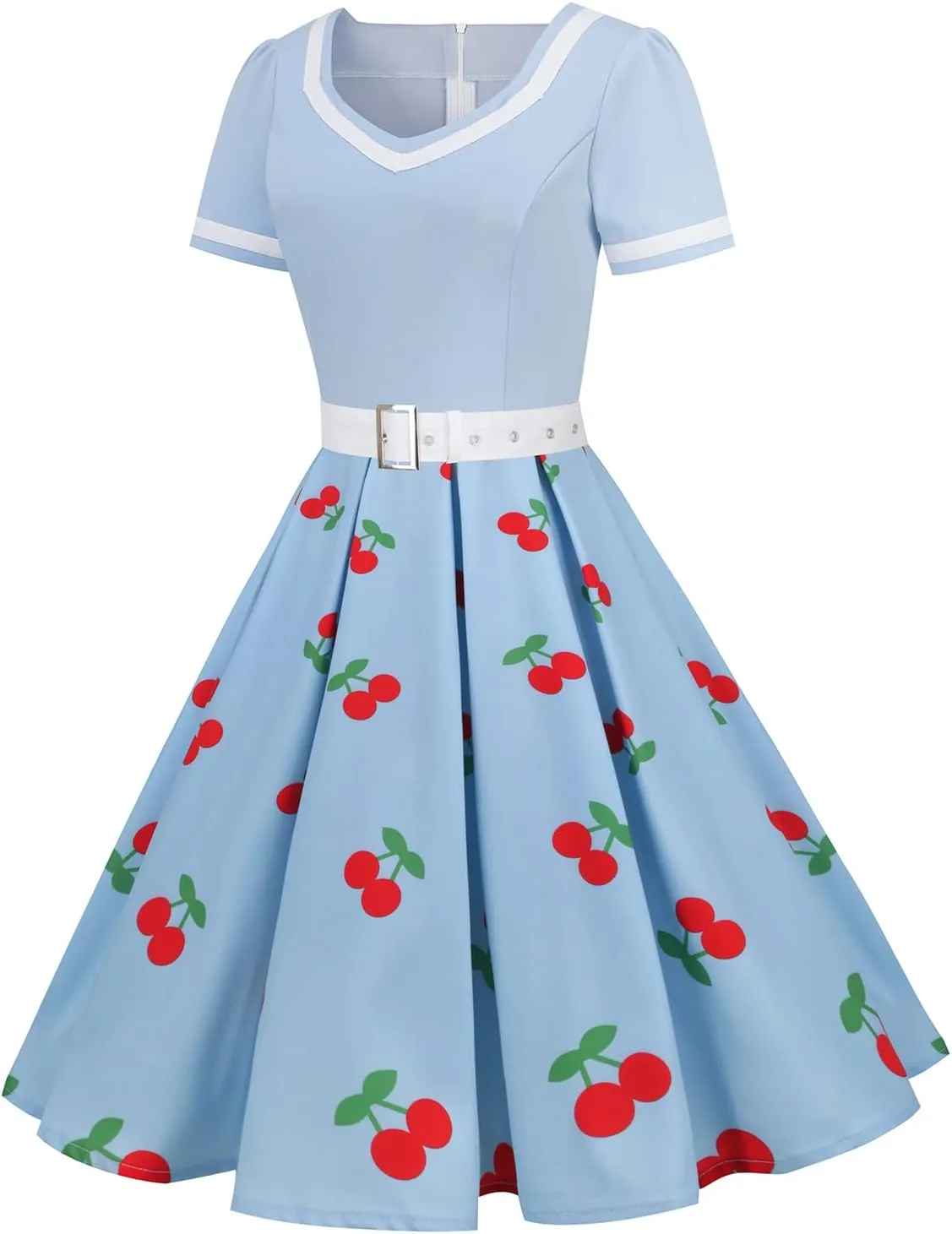Women Short Sleeve 1950s Retro Vintage Cocktail Party Swing Dress Polka Dot Audrey Dress Casual A-Line Work Dress with Belt
