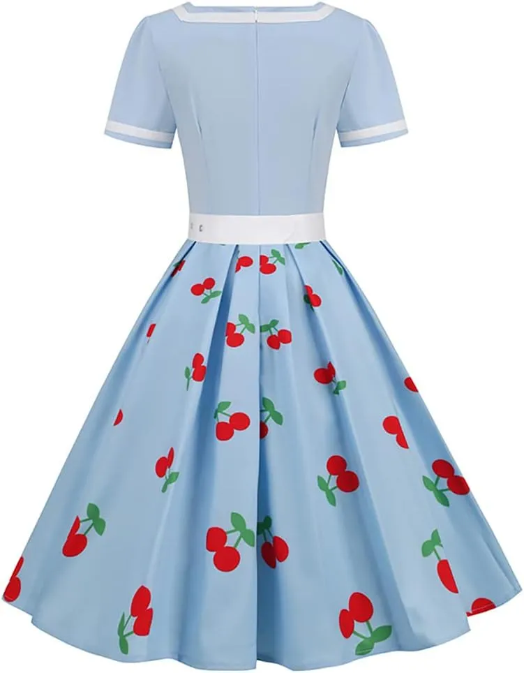 Women Short Sleeve 1950s Retro Vintage Cocktail Party Swing Dress Polka Dot Audrey Dress Casual A-Line Work Dress with Belt
