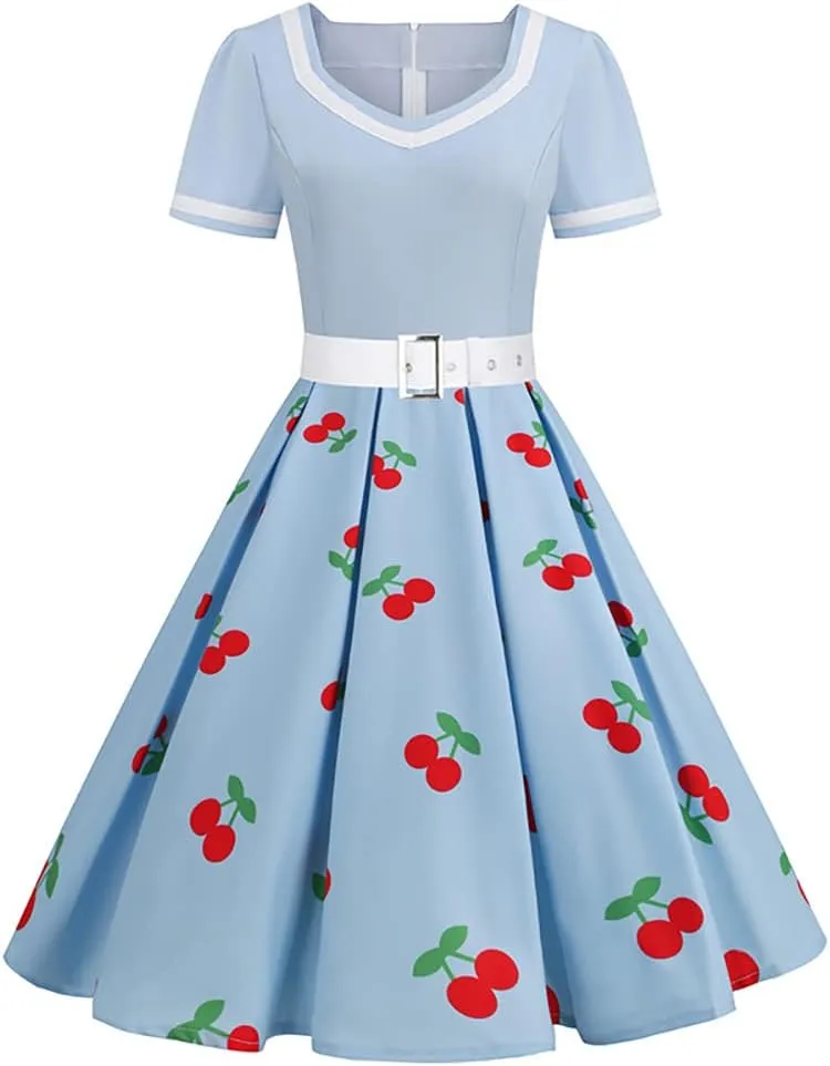Women Short Sleeve 1950s Retro Vintage Cocktail Party Swing Dress Polka Dot Audrey Dress Casual A-Line Work Dress with Belt
