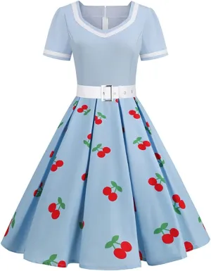 Women Short Sleeve 1950s Retro Vintage Cocktail Party Swing Dress Polka Dot Audrey Dress Casual A-Line Work Dress with Belt