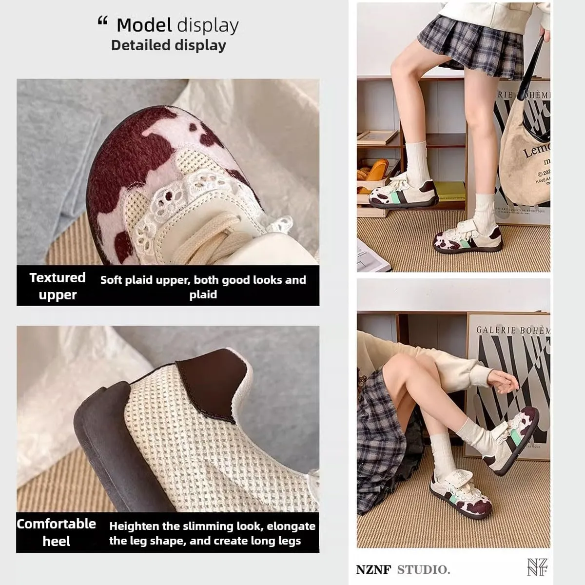 Women Sneakers Lace Up Cute Low-top Patchwork Cow Print Comfortable Casual Walking Shoes Student Back to School