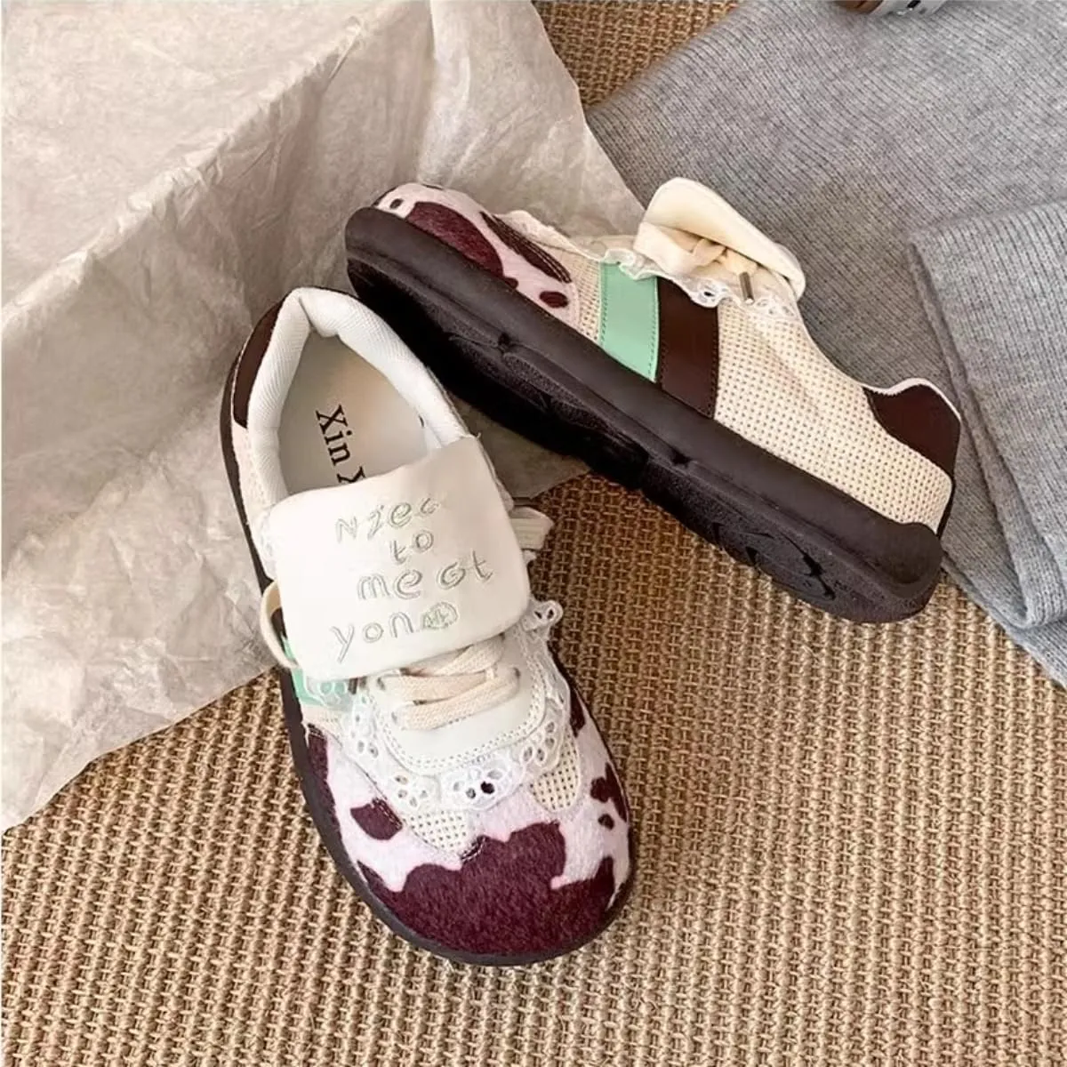 Women Sneakers Lace Up Cute Low-top Patchwork Cow Print Comfortable Casual Walking Shoes Student Back to School
