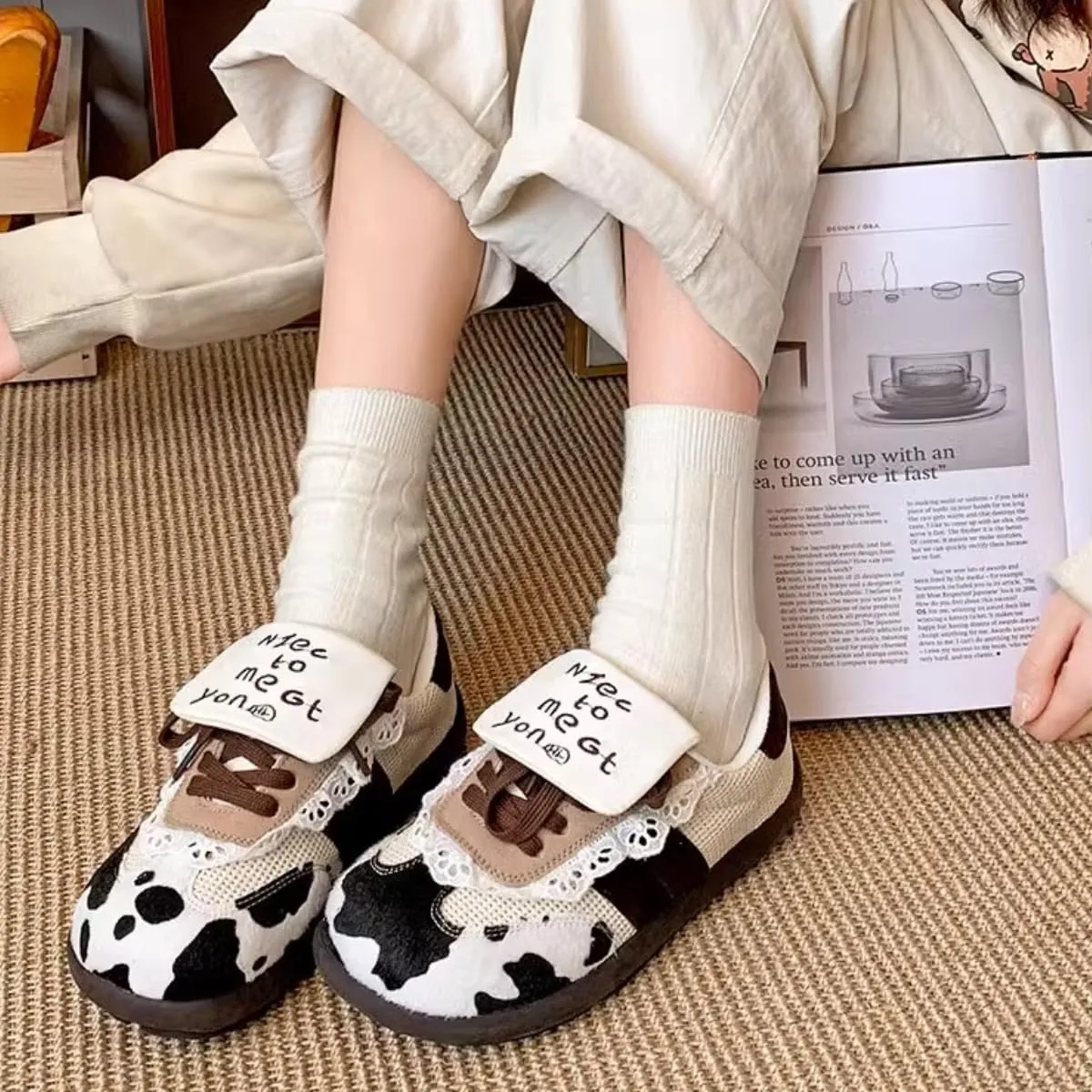 Women Sneakers Lace Up Cute Low-top Patchwork Cow Print Comfortable Casual Walking Shoes Student Back to School