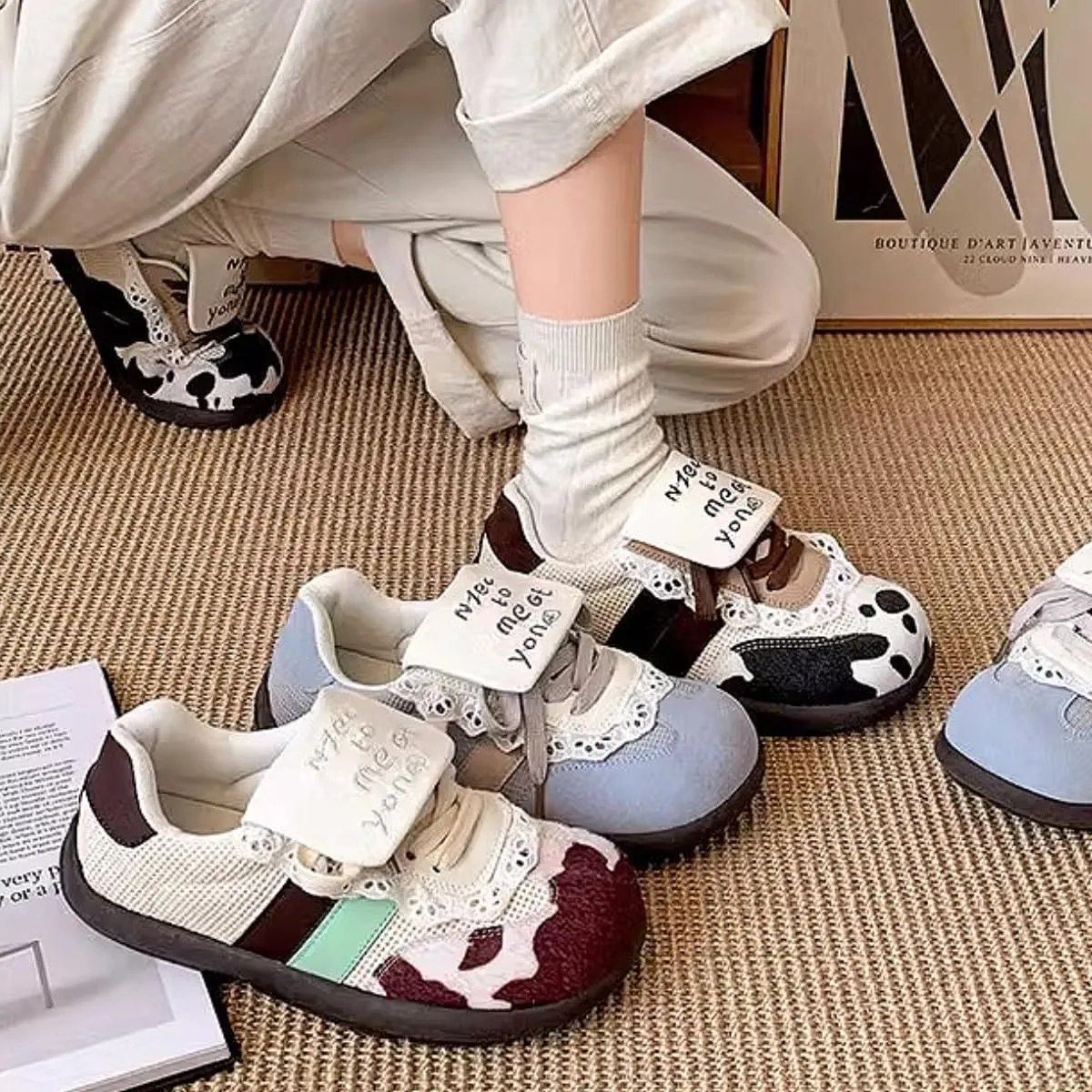 Women Sneakers Lace Up Cute Low-top Patchwork Cow Print Comfortable Casual Walking Shoes Student Back to School