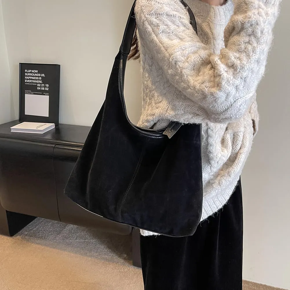 Women Suede Hobo Bag Slouchy Shoulder Bag Closure Retro Handbag Large Capacity for Work Travel
