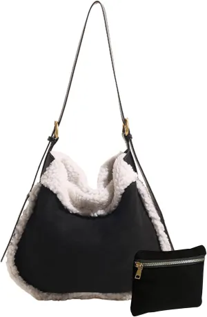 Women Suede Tote Bag Shoulder Bag with Lamb Wool Vintage Crossbody Bag Soft Plush Top Handle Bag Large Handbag
