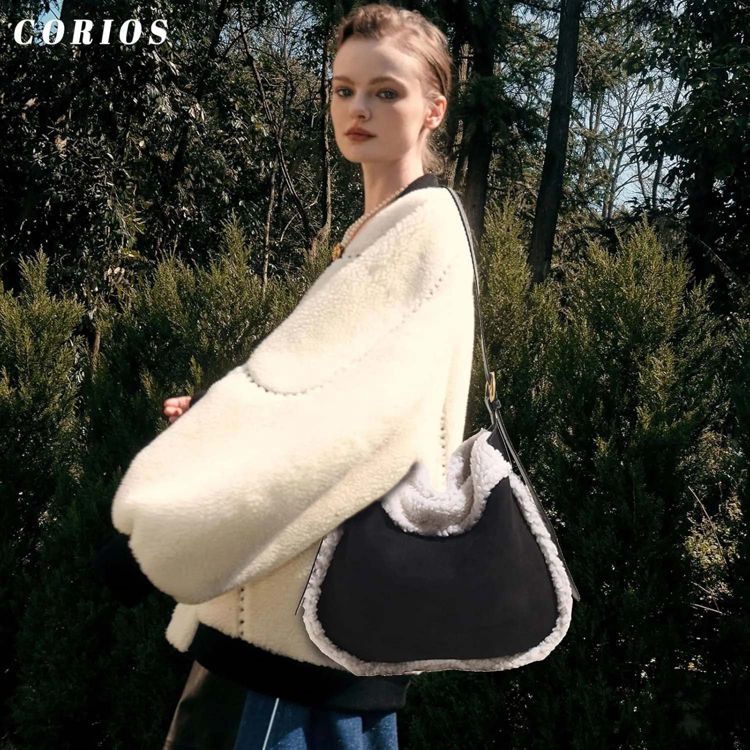 Women Suede Tote Bag Shoulder Bag with Lamb Wool Vintage Crossbody Bag Soft Plush Top Handle Bag Large Handbag