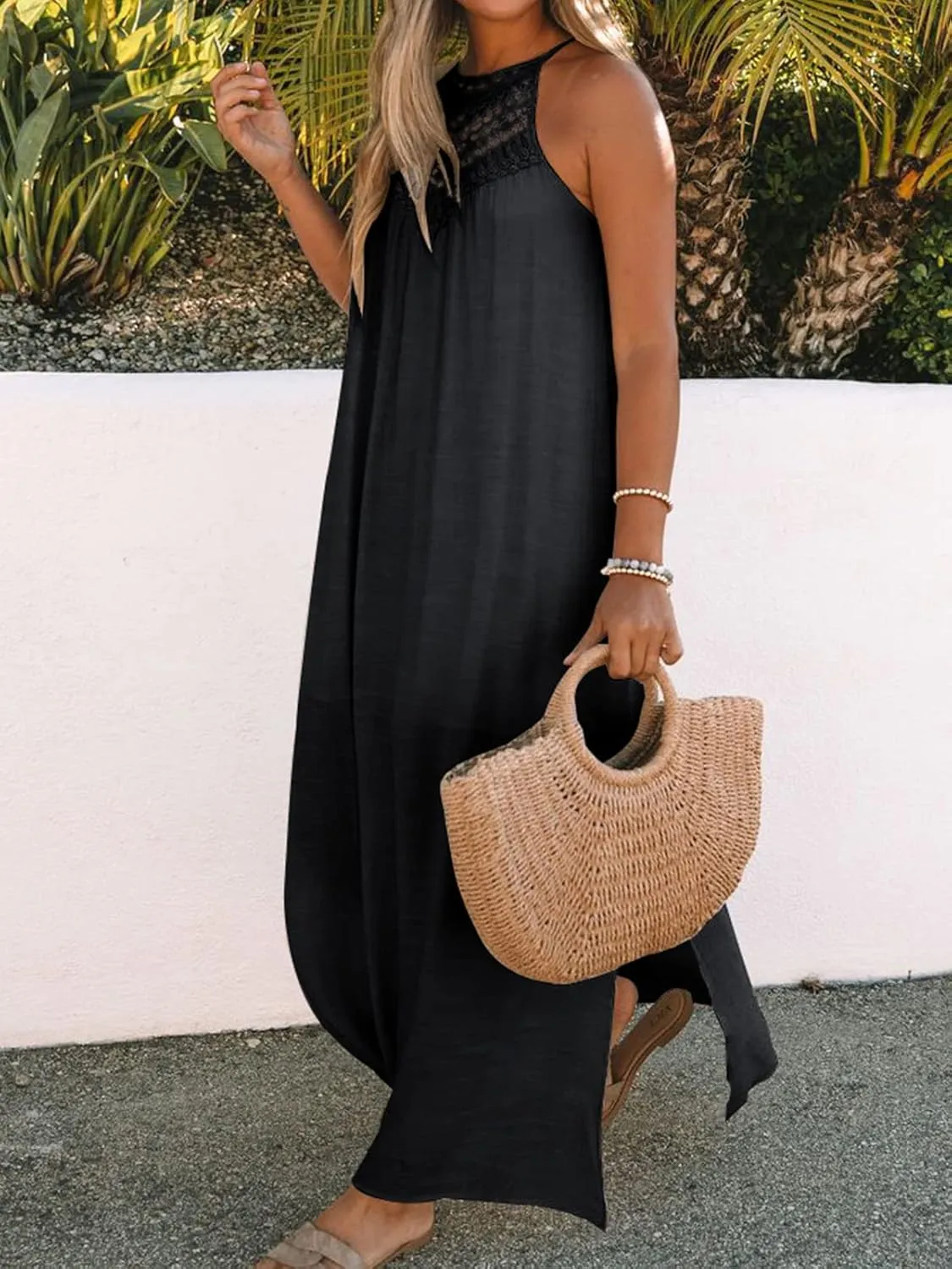 Women Summer Boho Floral Print Sleeveless Halter Neck Spaghetti Strap Beach Sundress Long Maxi Dresses with Pockets