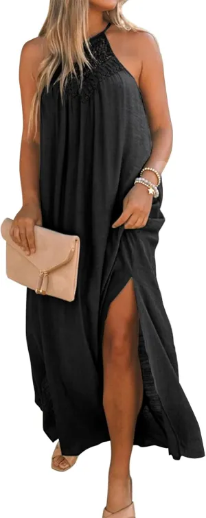 Women Summer Boho Floral Print Sleeveless Halter Neck Spaghetti Strap Beach Sundress Long Maxi Dresses with Pockets