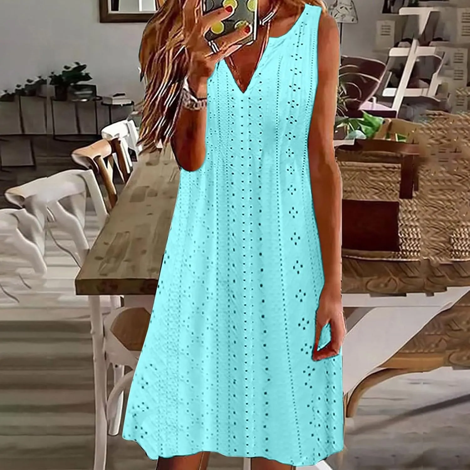 Women Sweetheart Embroidery Eyelet Tank Dress Plunging Neckline Sleeveless Sundress Casual Vacation Beach Dresses