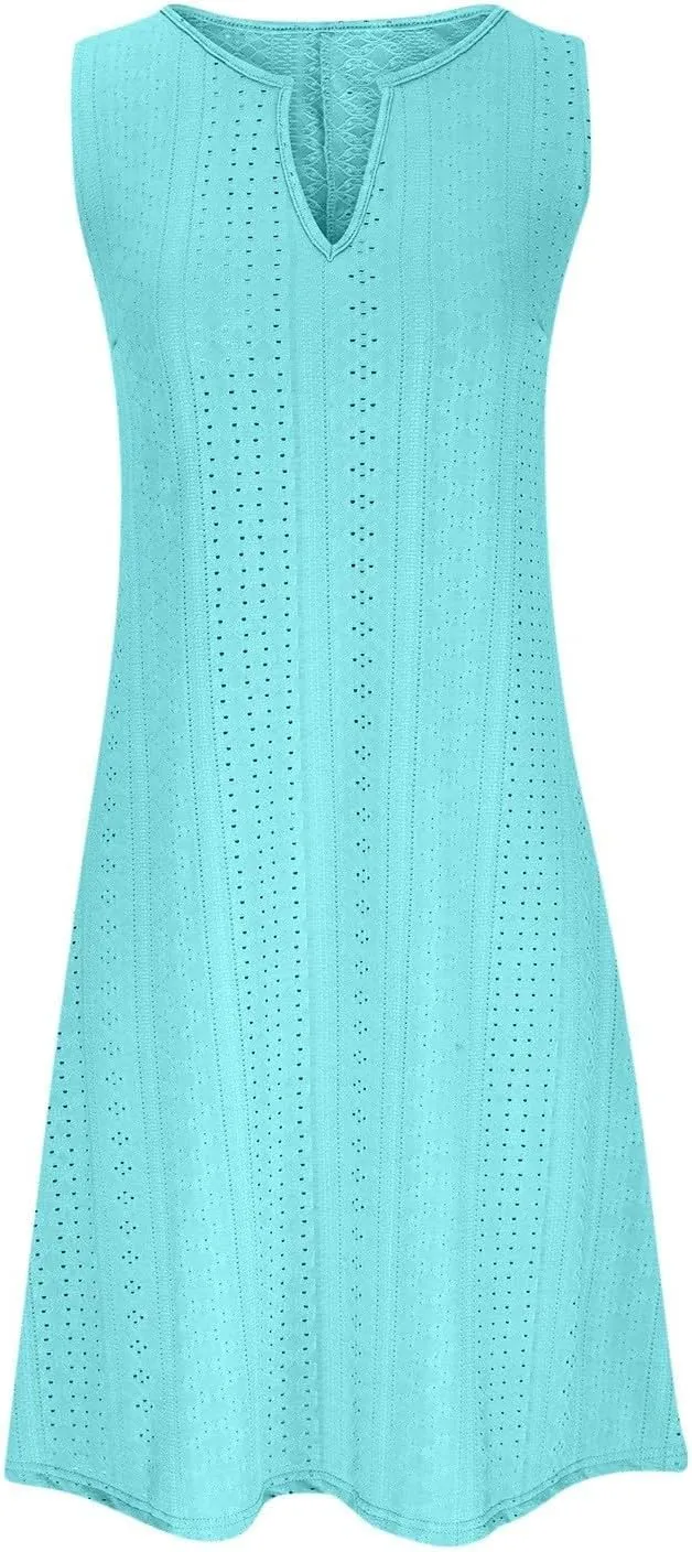 Women Sweetheart Embroidery Eyelet Tank Dress Plunging Neckline Sleeveless Sundress Casual Vacation Beach Dresses