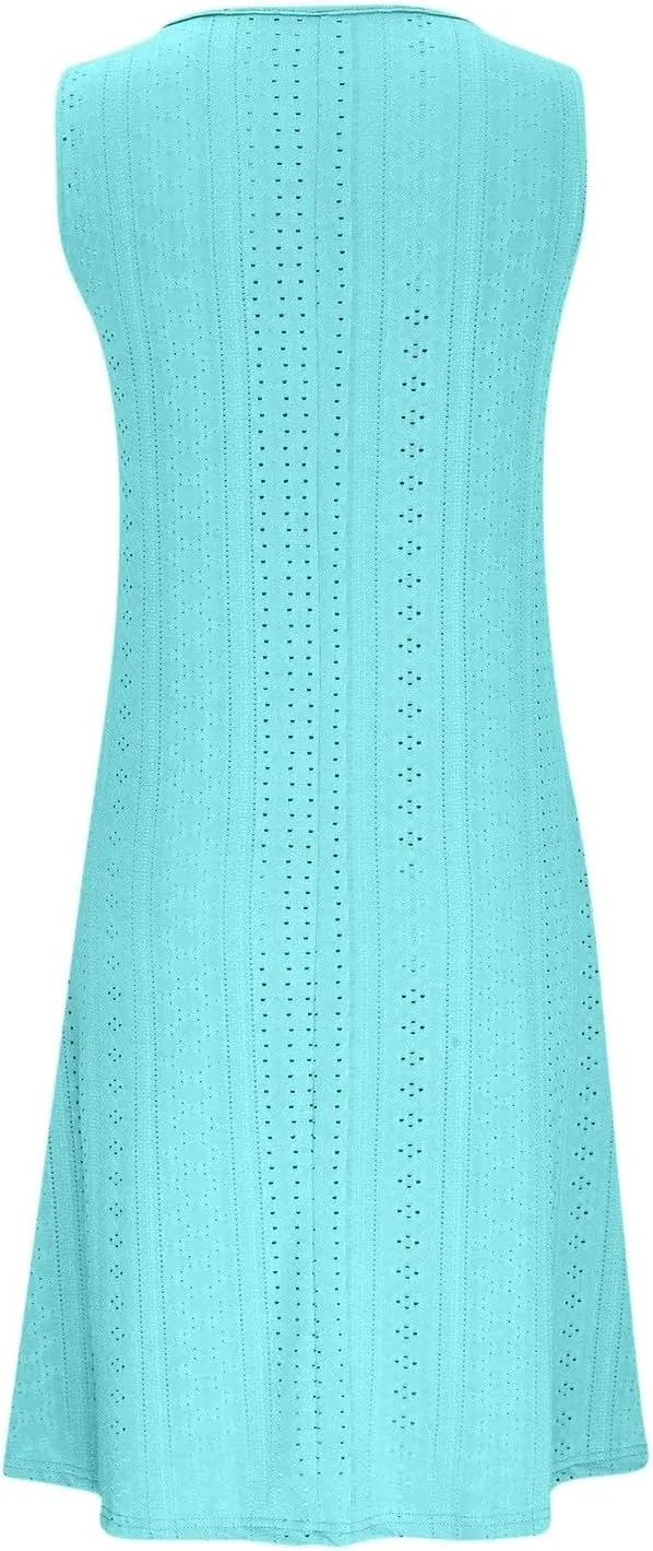 Women Sweetheart Embroidery Eyelet Tank Dress Plunging Neckline Sleeveless Sundress Casual Vacation Beach Dresses