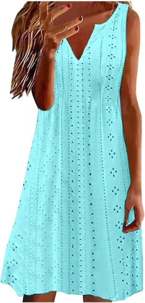 Women Sweetheart Embroidery Eyelet Tank Dress Plunging Neckline Sleeveless Sundress Casual Vacation Beach Dresses