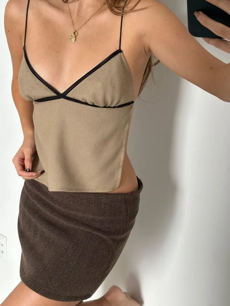 Women Tank Top Y2K Backless Crop Top Vintage Tie Up Spaghetti Strap Camisoles Sleeveless Cami Tops Streetwear
