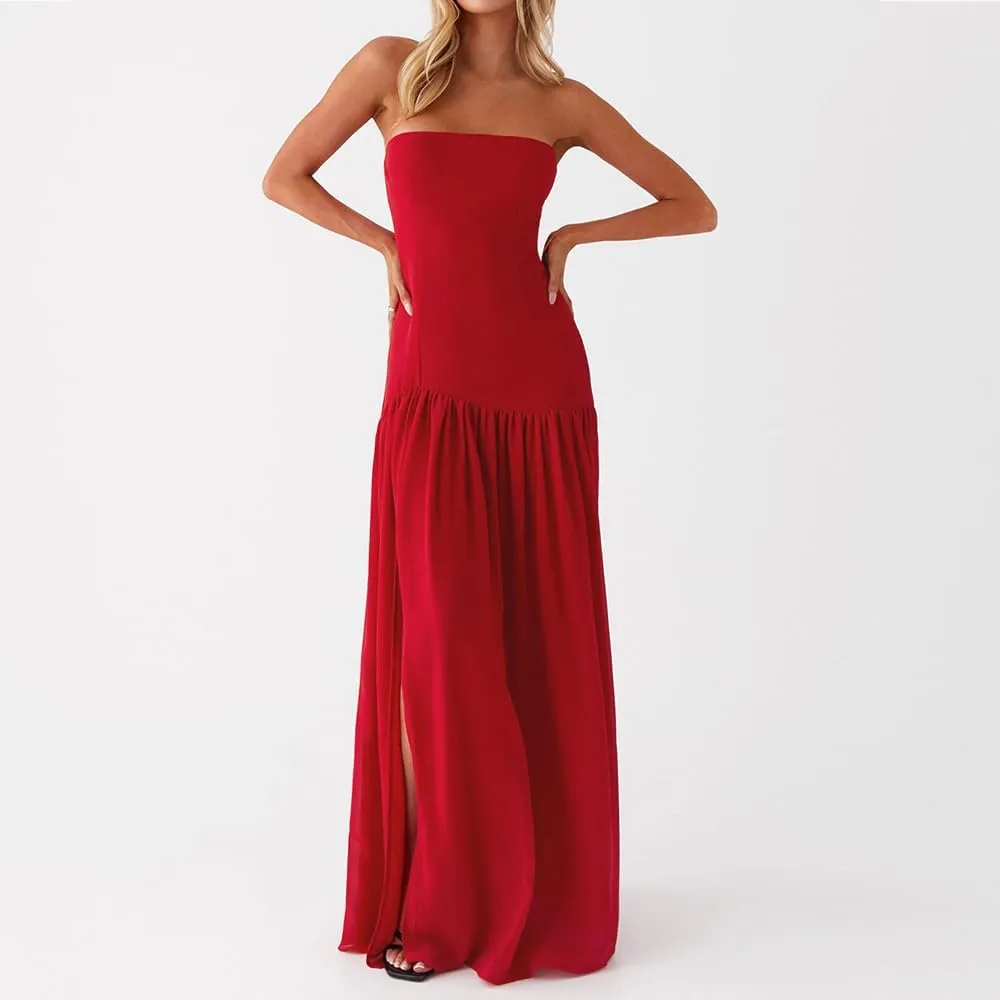 Women Tube Top Dress Tiger Stripe Mesh Patchwork Maxi Dress Strapless Sexy High Slit Long Dresses Party Clubwear