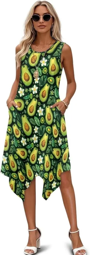 Women Vintage Dress Round Neck Irregular Hem Beach Sundress A Line Cocktail Party Dresses with Pockets Size S-5XL