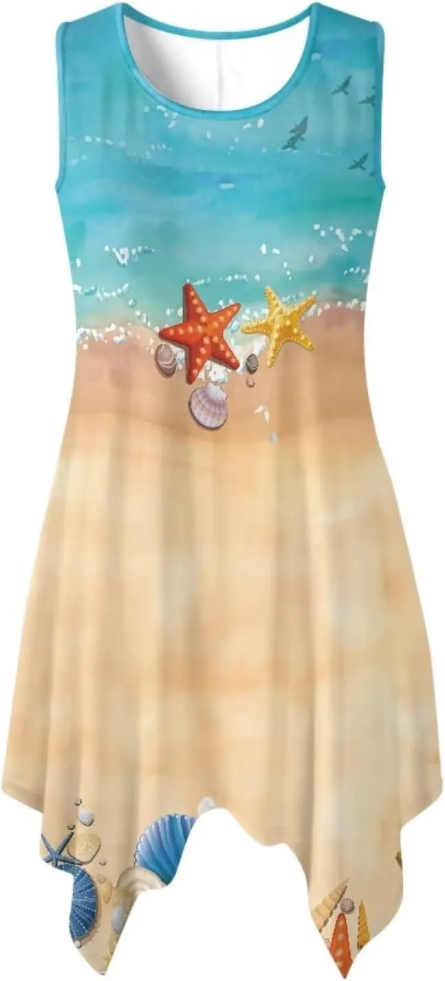 Women Vintage Dress Round Neck Irregular Hem Beach Sundress A Line Cocktail Party Dresses with Pockets Size S-5XL