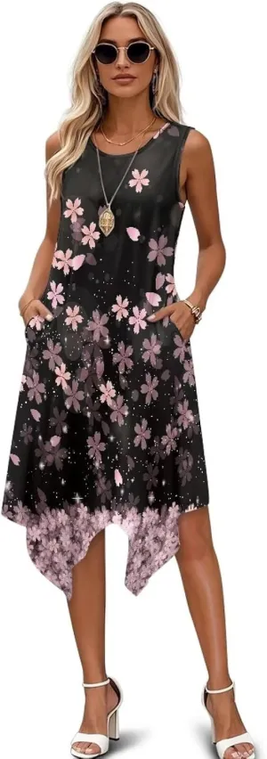Women Vintage Dress Round Neck Irregular Hem Beach Sundress A Line Cocktail Party Dresses with Pockets Size S-5XL