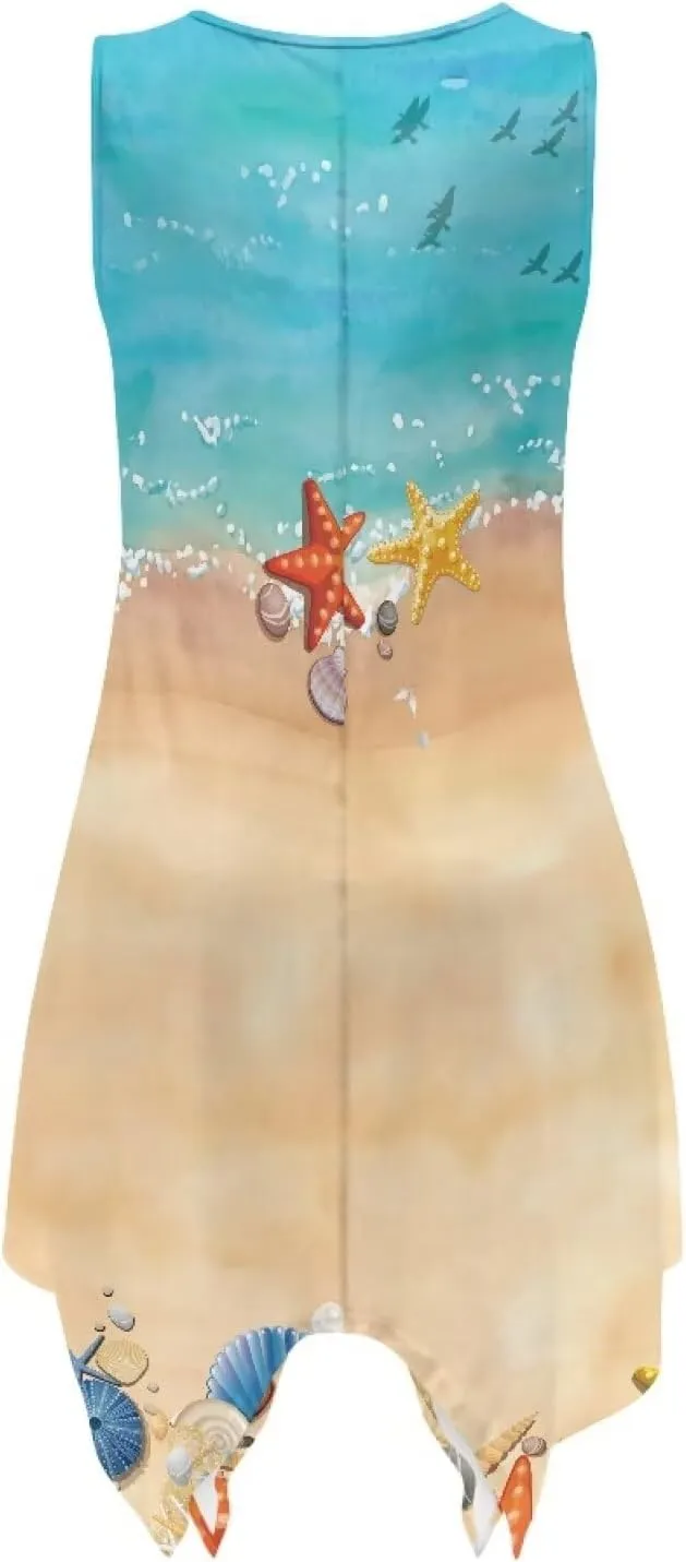 Women Vintage Dress Round Neck Irregular Hem Beach Sundress A Line Cocktail Party Dresses with Pockets Size S-5XL