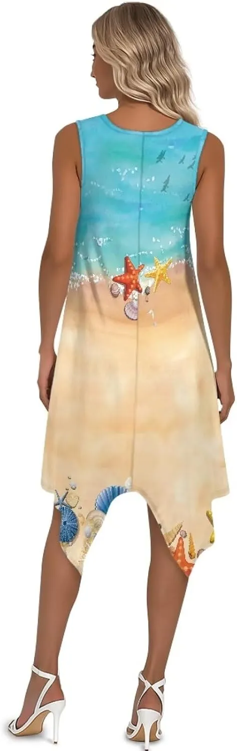 Women Vintage Dress Round Neck Irregular Hem Beach Sundress A Line Cocktail Party Dresses with Pockets Size S-5XL