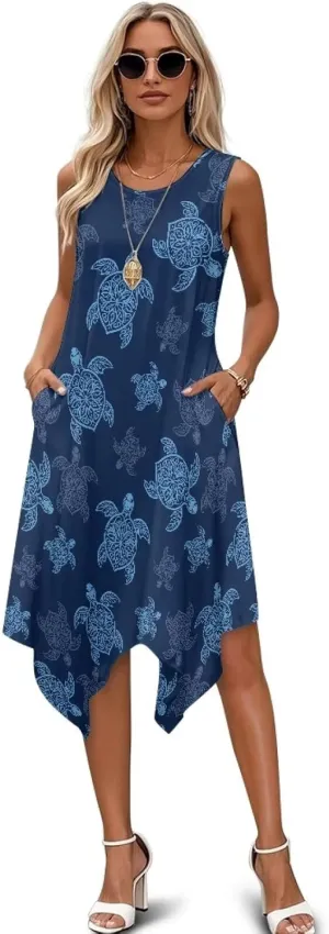 Women Vintage Dress Round Neck Irregular Hem Beach Sundress A Line Cocktail Party Dresses with Pockets Size S-5XL