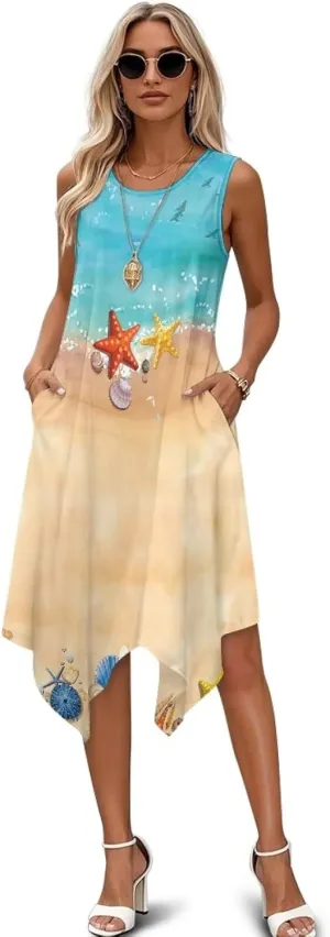 Women Vintage Dress Round Neck Irregular Hem Beach Sundress A Line Cocktail Party Dresses with Pockets Size S-5XL