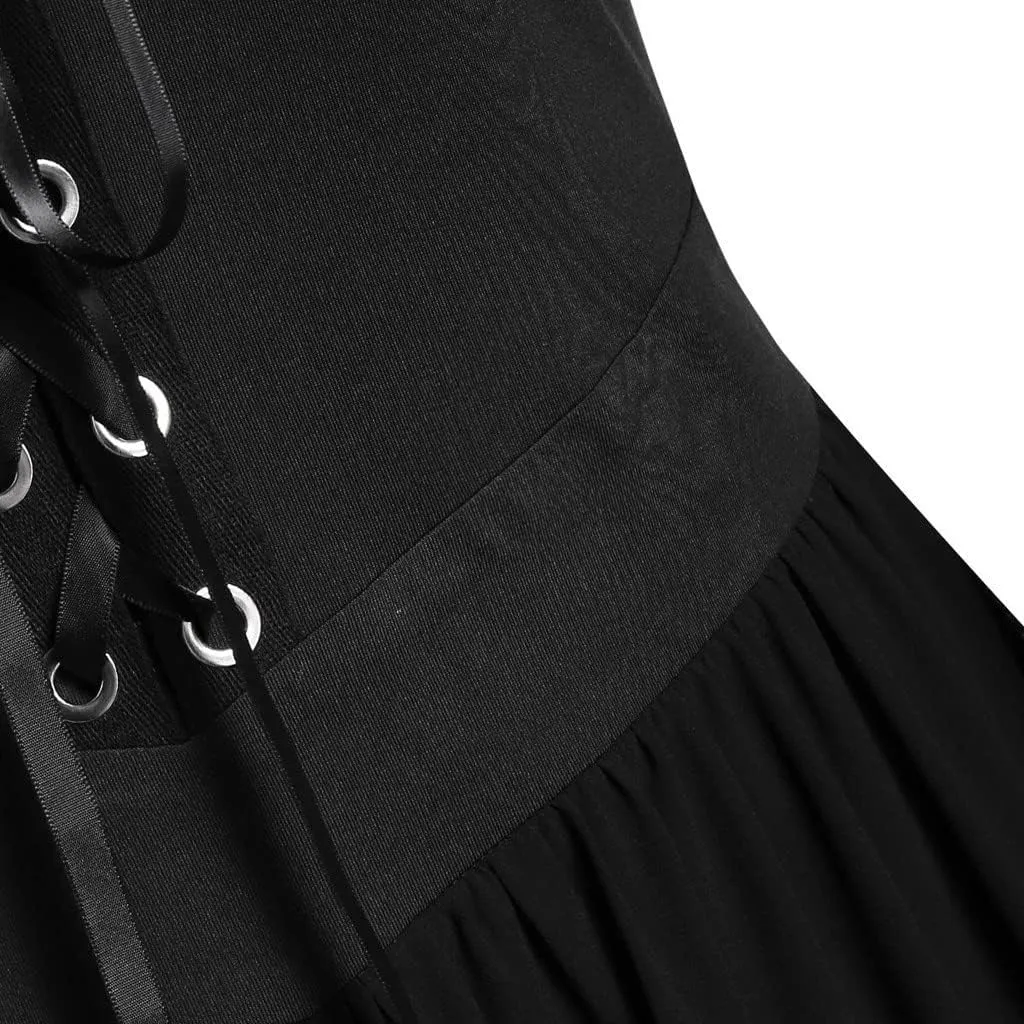 Women Vintage Maxi Dresses Gothic Plus Size Skull Lace Print Halloween Party Dress Long Sleeve Bandage Swing Dress