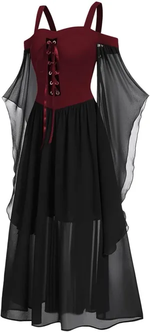 Women Vintage Maxi Dresses Gothic Plus Size Skull Lace Print Halloween Party Dress Long Sleeve Bandage Swing Dress
