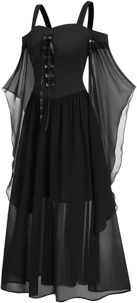 Women Vintage Maxi Dresses Gothic Plus Size Skull Lace Print Halloween Party Dress Long Sleeve Bandage Swing Dress