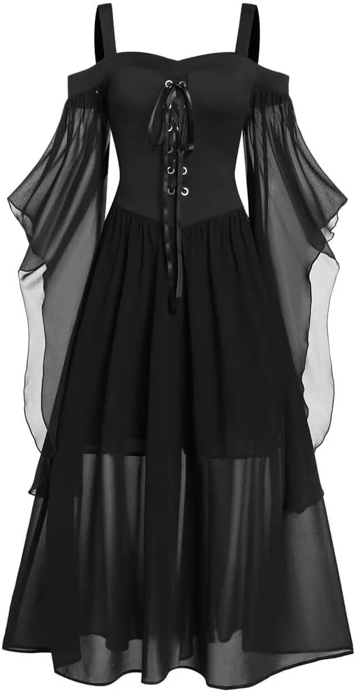 Women Vintage Maxi Dresses Gothic Plus Size Skull Lace Print Halloween Party Dress Long Sleeve Bandage Swing Dress