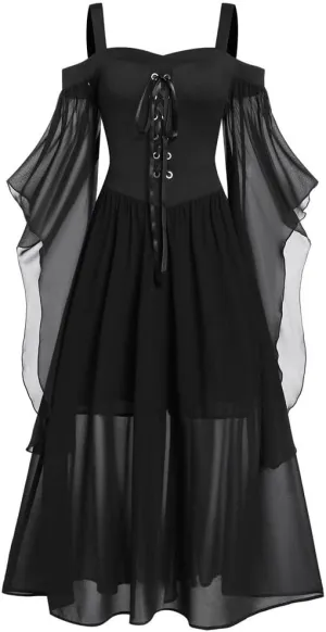 Women Vintage Maxi Dresses Gothic Plus Size Skull Lace Print Halloween Party Dress Long Sleeve Bandage Swing Dress