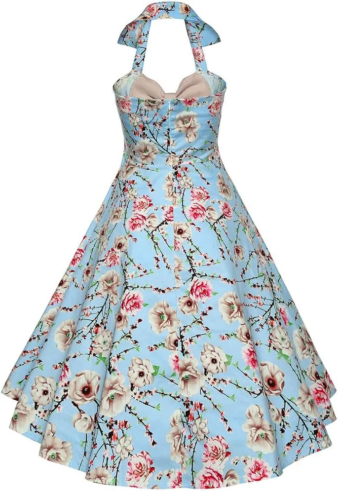Women Vintage Polka Dot 1950s Rockabilly Halter Audrey Dress Retro Floral Evening Cocktail Swing Dress