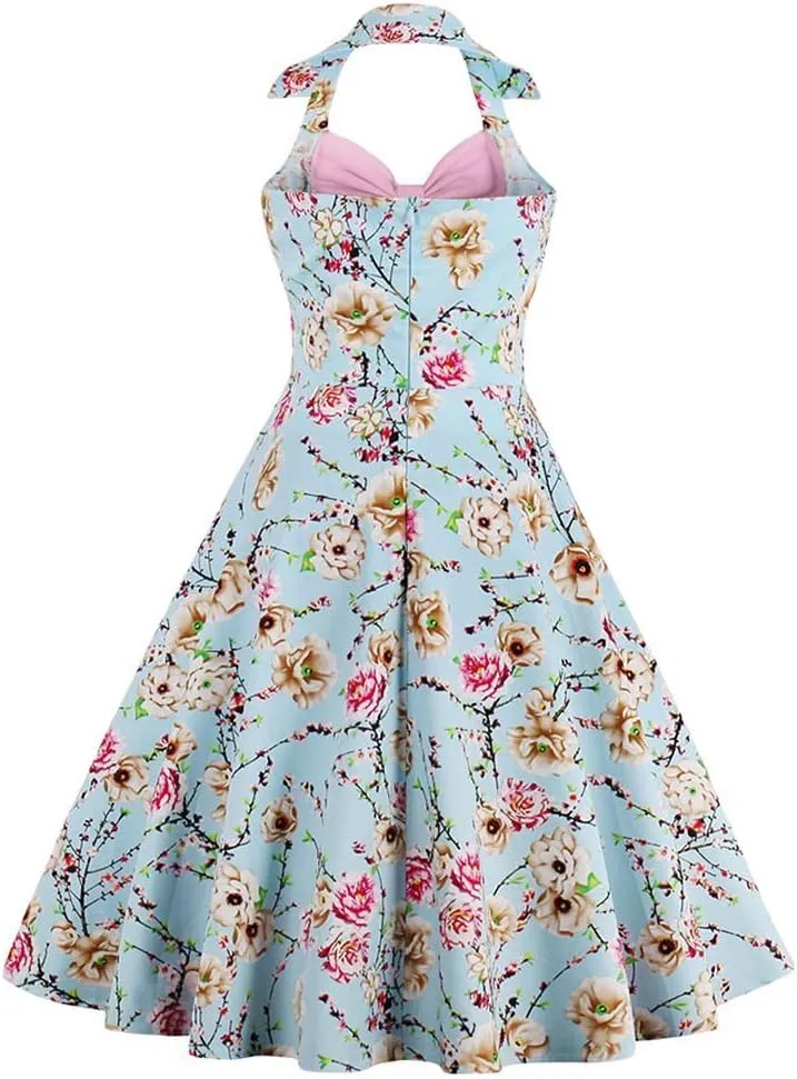 Women Vintage Polka Dot 1950s Rockabilly Halter Audrey Dress Retro Floral Evening Cocktail Swing Dress