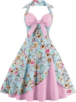 Women Vintage Polka Dot 1950s Rockabilly Halter Audrey Dress Retro Floral Evening Cocktail Swing Dress