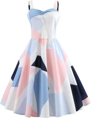 Women Vintage Spaghetti Strap Cami 1950s Polka Dot Rockabilly Swing Dress Casual Boho Floral Print Cocktail Tea Party Dress