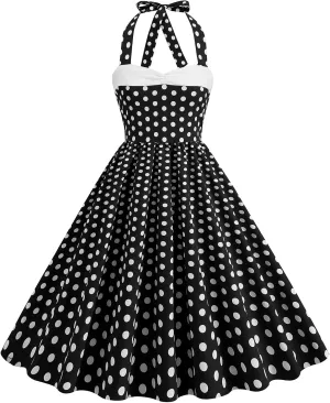 Women Vintage Spaghetti Strap Cami 1950s Polka Dot Rockabilly Swing Dress Casual Boho Floral Print Cocktail Tea Party Dress