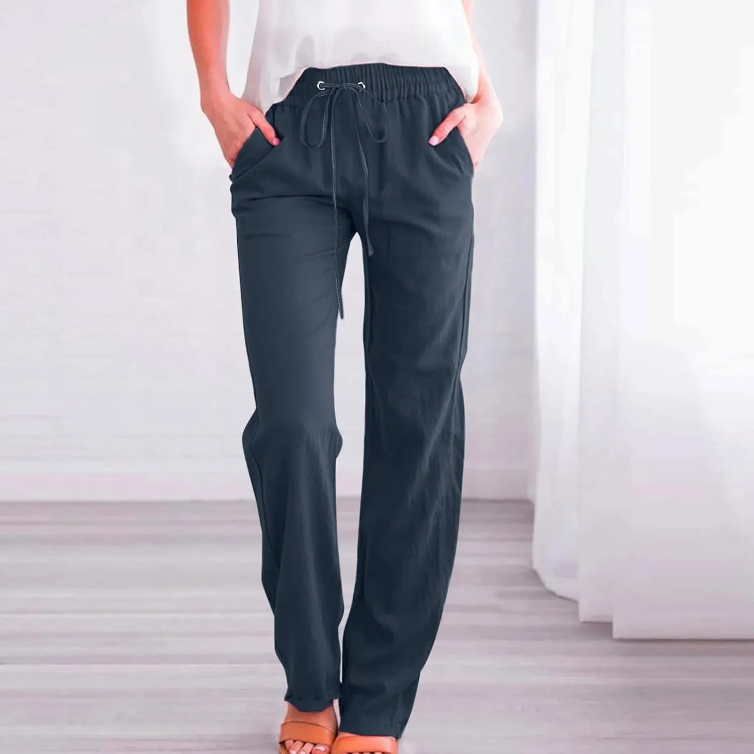 Women Work Linen Cotton Pants Office Business Plus Size Loose Trendy Trouser Outdoor Hiking Jogging Casual Sweatpants