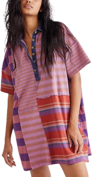 Women Y2k Contrast Striped T-Shirt Dress Summer Casual Colorblock Mini Dress Vintage V Neck Button Patchwork Dress