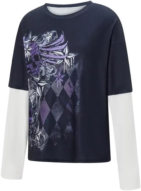Women Y2K Fairy Grunge Shirt 2000s Emo Aesthetic Graphic Tee Halloween Patchwork Long Sleeve Punk Gothic Clothes